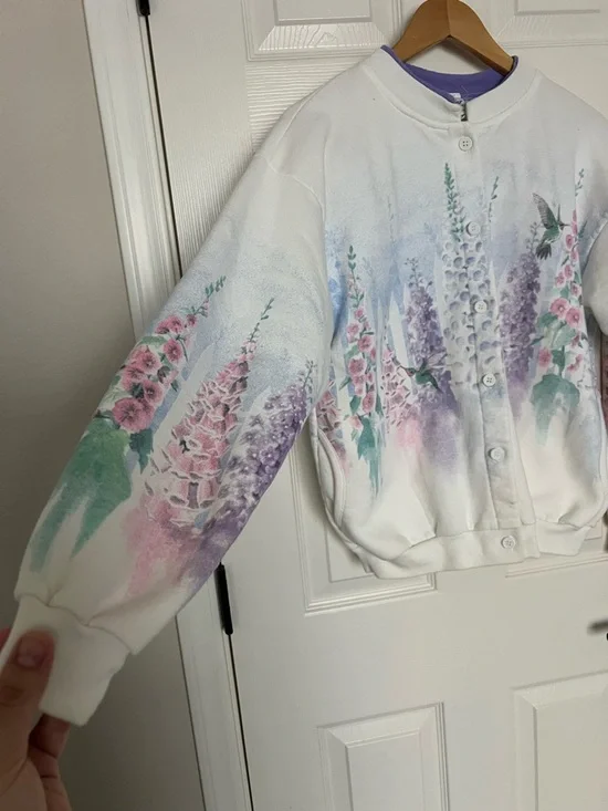 Vintage White Floral Hummingbird Button-Up Sweatshirt Sz M 80% Cotton - Picture 3 of 7